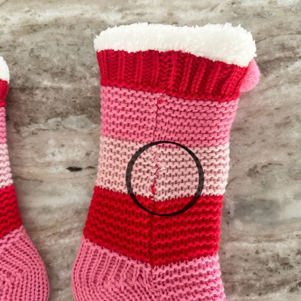 Sherpa Fleece Lined Striped Slipper Socks With Grippers & Pom Pom - Soft & Cozy